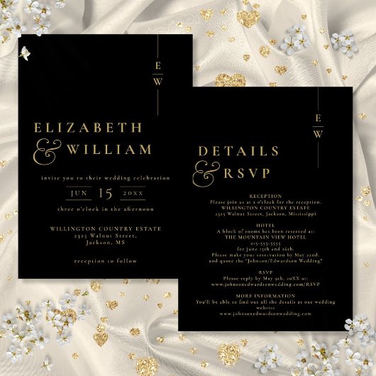 Invitation Mariage Moderne Monogramme Tout En Noir Et Or