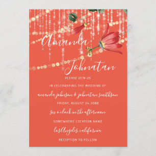 Invitation Mariage Moderne Monogramme Vivid Coral Lumières Or