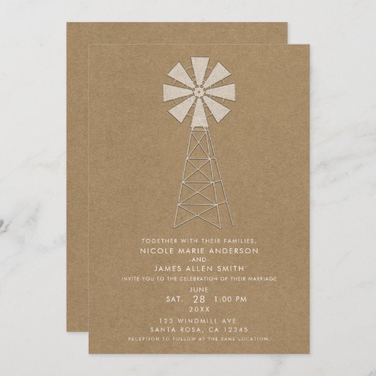 Invitation Mariage Moderne Moulin à Vent de Ferme en Kraft Br (Devant / Derrière)