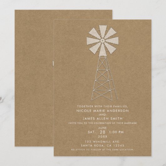 Invitation Mariage Moderne Moulin à Vent de Ferme Kraft Brun  (Devant / Derrière)