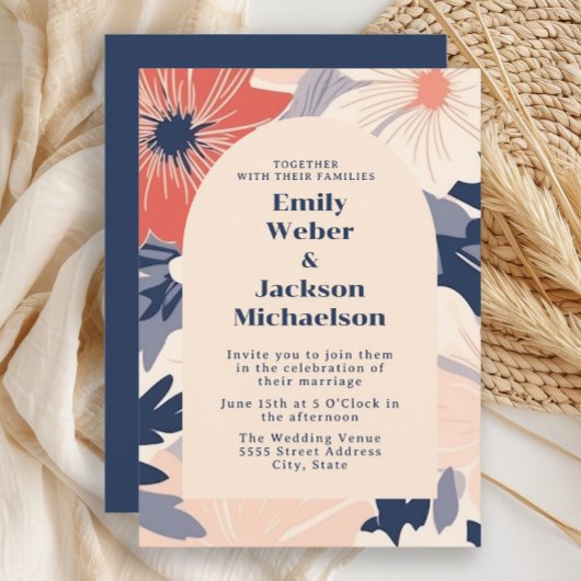 Invitation Mariage Moderne Navy Corail Crème Arch