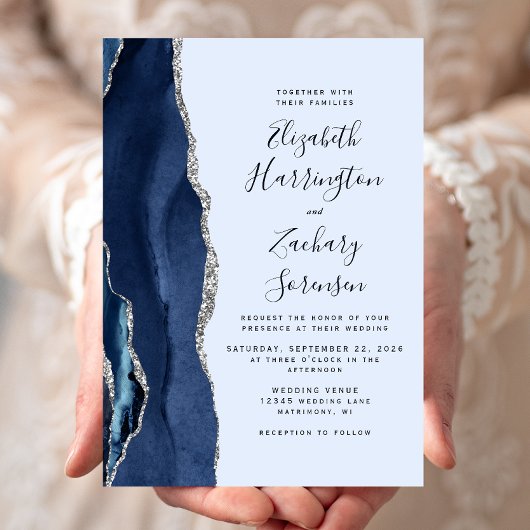 Invitation Mariage Moderne Navy et Agate Argent Bleu Pâle
