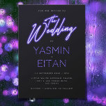 Invitation Mariage moderne Neon violet brillant noir<br><div class="desc">Faites sien votre mariage avec ces invitations cool de JessicaAmber. Cette carte comporte des lettres de script de néon brillant, et le nom de la paire mariée dans les lumières. Le lettrage blanc moderne expose les détails du mariage, y compris l'emplacement, la date et l'heure. La lueur violette se détache...</div>