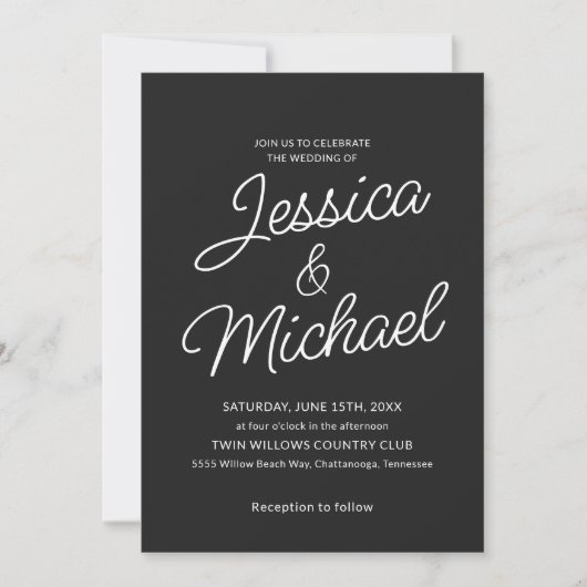 Invitation Mariage Moderne Noir Blanc Script  (Devant)