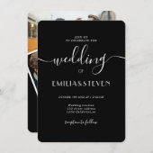 Invitation Mariage moderne noir blanc script photo initiales (Devant / Derrière)
