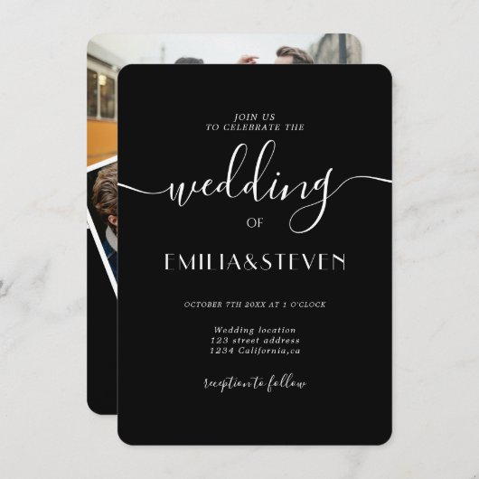 Invitation Mariage moderne noir blanc script photo initiales (Devant / Derrière)