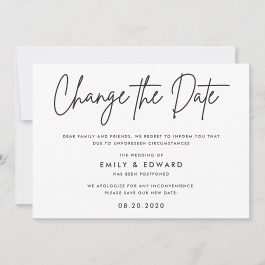 Invitation Mariage moderne noir et blanc Modifier la date (Devant)