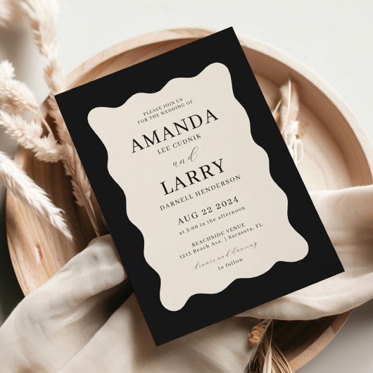 Invitation Mariage Moderne Noir et Crème à Vagues