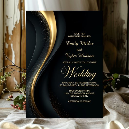 Invitation Mariage Moderne Noir et Or