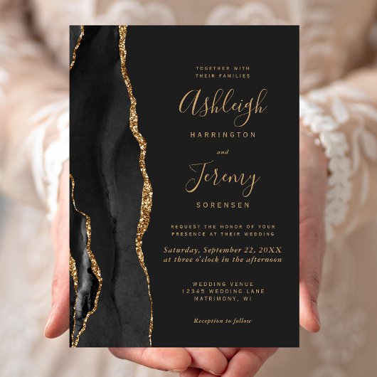 Invitation Mariage Moderne Noir Or Agate Foncé