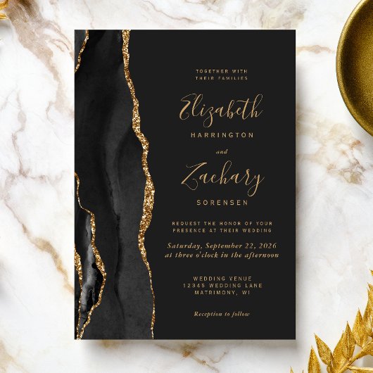 Invitation Mariage Moderne Noir Or Agate Sombre