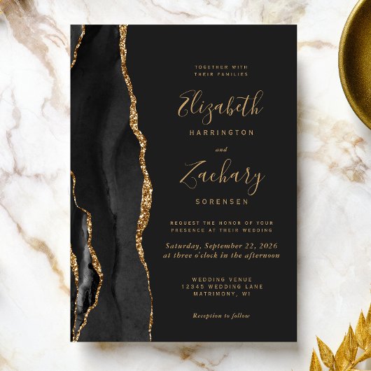 Invitation Mariage Moderne Noir Or Agate Sombre