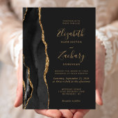 Invitation Mariage Moderne Noir Or Agate Sombre