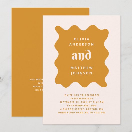 Invitation Mariage Moderne Ocre Doré | Vague Moutarde + Code (Devant / Derrière)