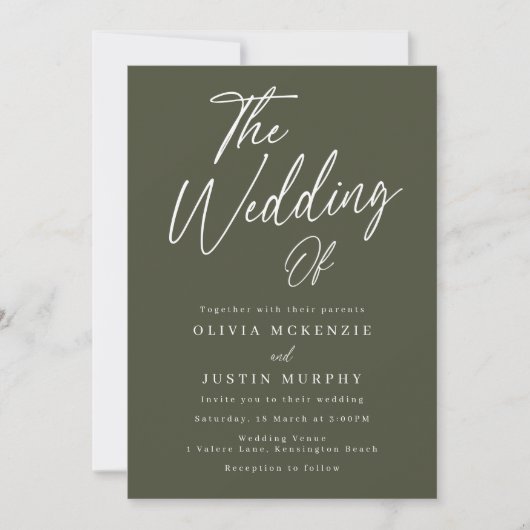 Invitation Mariage moderne Olive Green Script (Devant)
