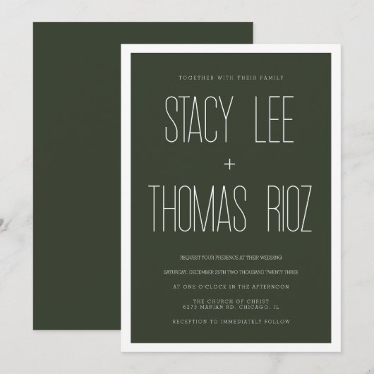 Invitation Mariage moderne Olive Green Typographie (Devant / Derrière)