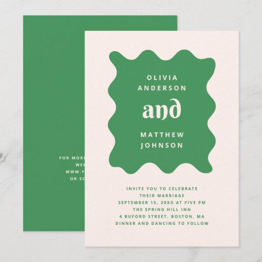 Invitation Mariage Moderne Ondulé Vert | QR Code Ludique (Devant / Derrière)