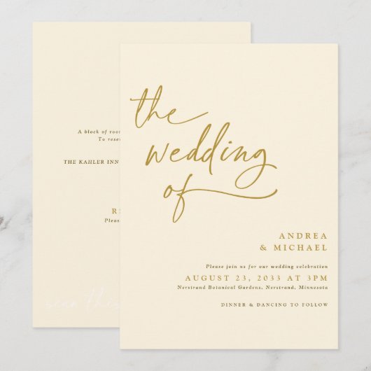 Invitation Mariage Moderne Or et Crème avec Écriture Manuscri (Devant / Derrière)