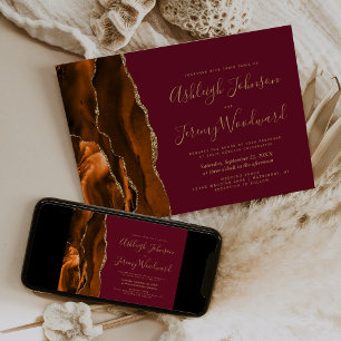 Invitation Mariage Moderne Orange Brûlé Agate Bordeaux Or