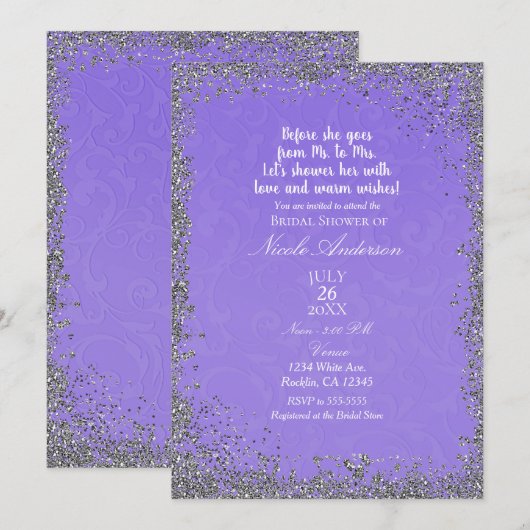 Invitation Mariage Moderne Pailleté Argent Texture Violette (Devant / Derrière)