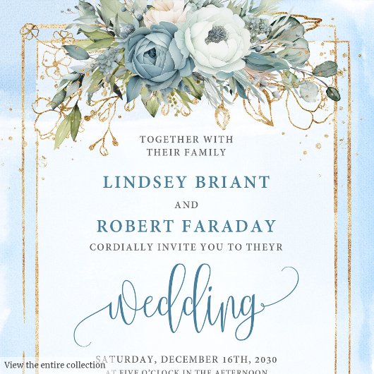 Invitation Mariage moderne Pastel Bleu Bleu Fleurs d'or Blanc