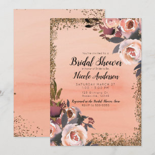 Invitation Mariage Moderne Pêche et Or Paillettes Floral