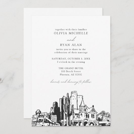 Invitation Mariage moderne Phoenix Skyline noir et blanc (Devant / Derrière)