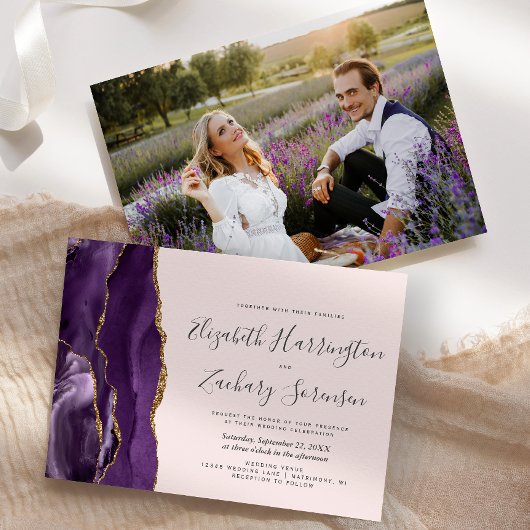 Invitation Mariage Moderne Photo Agate Dorée Violette Rose