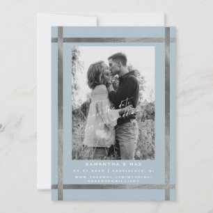 Invitation Mariage Moderne Photo Bleu Glacé & Argent