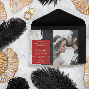 Invitation Mariage Moderne Photo Noir Blanc Rouge