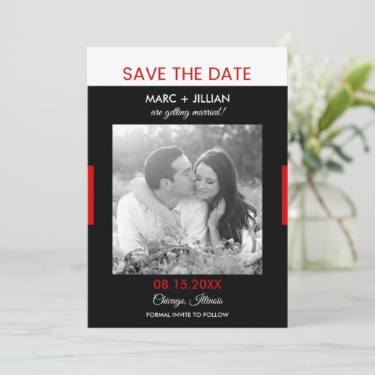 Invitation Mariage Moderne Photo Noir et Rouge Enregistrez la (Debout devant)