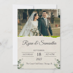 Invitation Mariage Moderne Photo Papier Déchiré Verdure