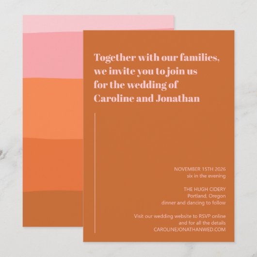 Invitation Mariage moderne Pink Orange Terracotta Art Stripes (Devant / Derrière)