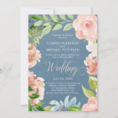 Invitation Mariage moderne printanière bleu poussiéreux et or (Devant)