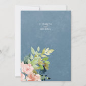 Invitation Mariage moderne printanière bleu poussiéreux et or (Dos)