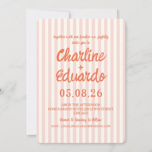 Invitation Mariage moderne rayé rose pastel (Devant)