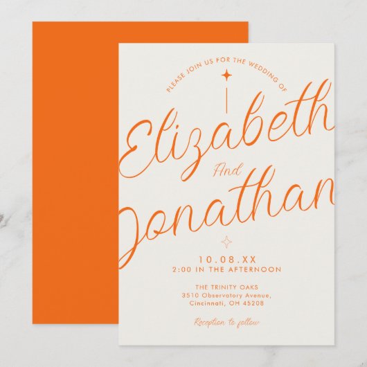 Invitation Mariage moderne rétro orange gras Script (Devant / Derrière)
