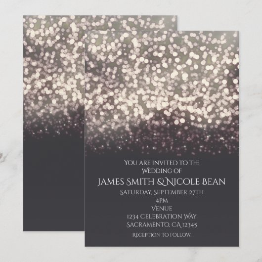 Invitation Mariage Moderne Romantique Gris avec Lumières Étin (Devant / Derrière)