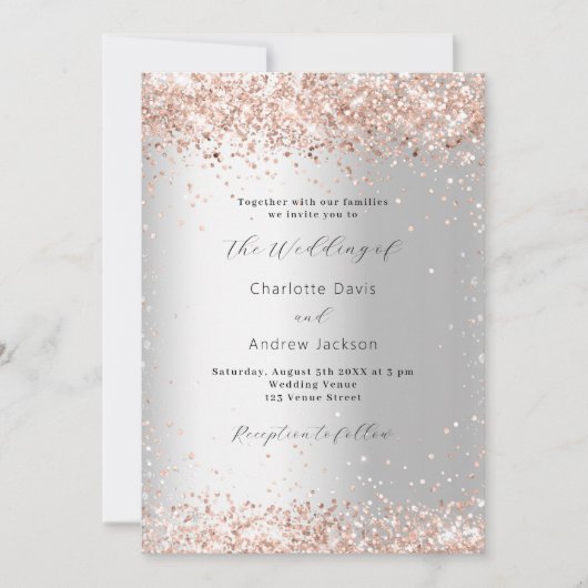 Invitation Mariage moderne rose en argent (Devant)