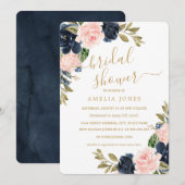 Invitation Mariage Moderne Rose Navy Fleurs Douceur (Devant / Derrière)