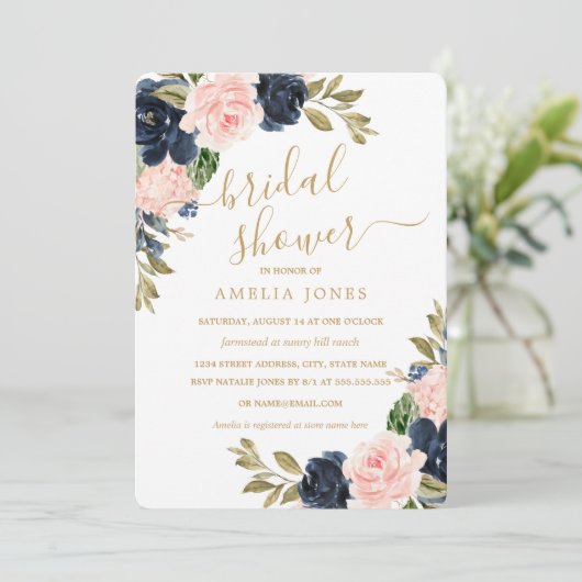 Invitation Mariage Moderne Rose Navy Fleurs Douceur (Debout devant)