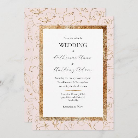 Invitation Mariage moderne rose or (Devant / Derrière)