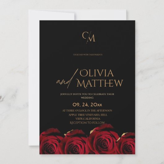 Invitation Mariage Moderne Rose Rouge Noir Or (Devant)