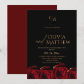 Invitation Mariage Moderne Rose Rouge Noir Or (Devant / Derrière)