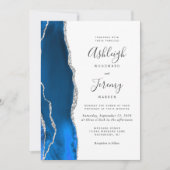 Invitation Mariage Moderne Royal Bleu Agate Argent (Devant)