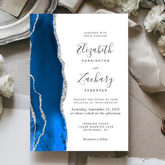 Invitation Mariage Moderne Royal Bleu Agate Argent