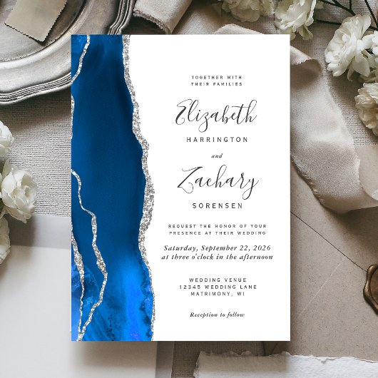 Invitation Mariage Moderne Royal Bleu Agate Argent