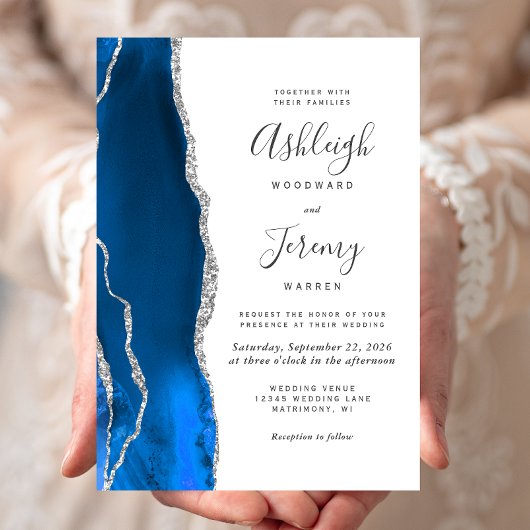 Invitation Mariage Moderne Royal Bleu Agate Argent