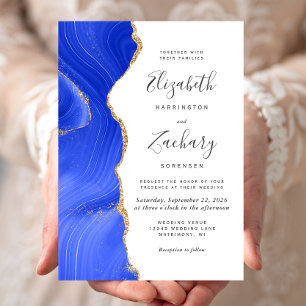 Invitation Mariage Moderne Royal Bleu Agate Or