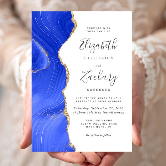 Invitation Mariage Moderne Royal Bleu Agate Or